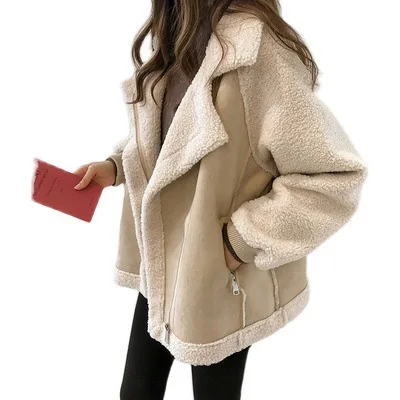 Korean Winter Fashion Plus Size Faux Duffle Fur Suede Coat Women Aviator Fleece Jacket