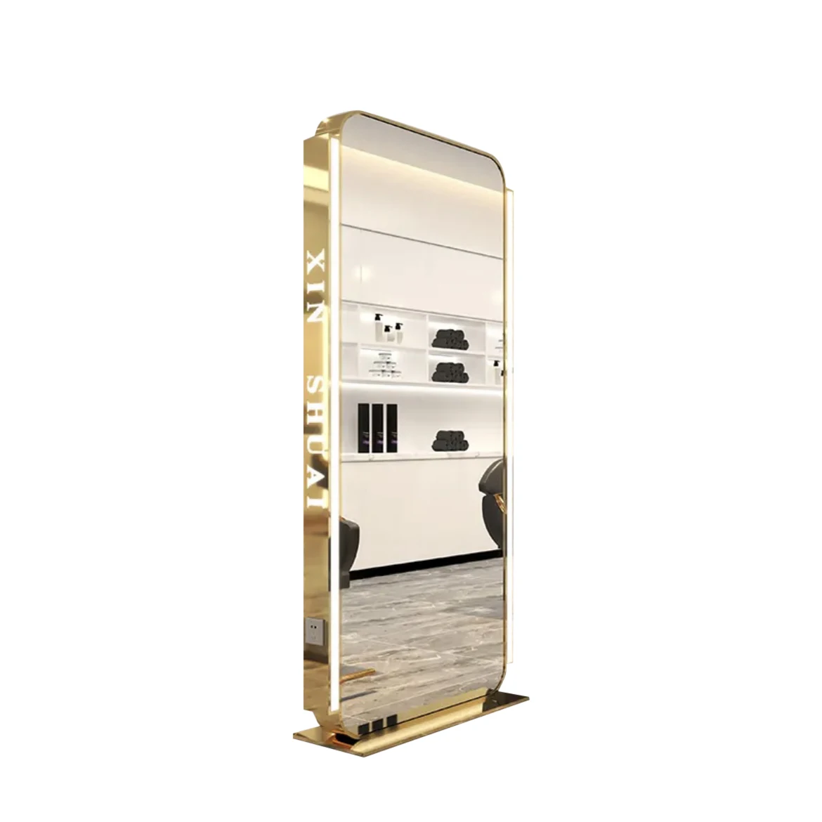 Newly Designed Double-Sided Gold Styling Barber Shop Furniture Full-Length LED Beauty Mirror for Hair Salon Make-up Chair