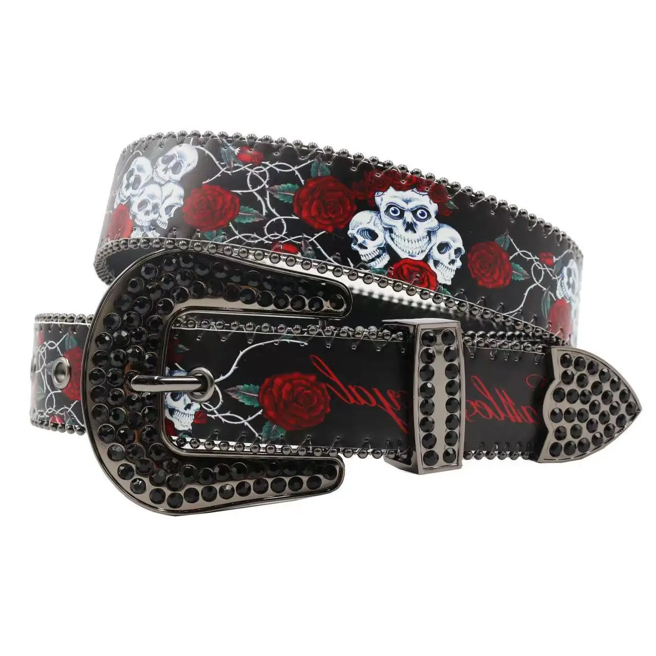 Gothic Punk Hip Hop Style PU Leather Waist Belt Alloy Rhinestone Skull Patterns Print Men Women Y2K Style Business Jeans Pants