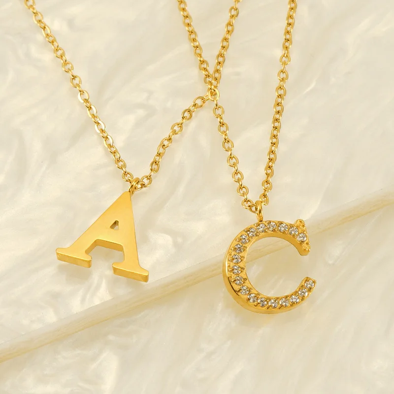 Custom 18K Gold Plated Stainless Steel Chain A-Z Diamond Initial Letter Pendant Necklace Gift Wedding Party