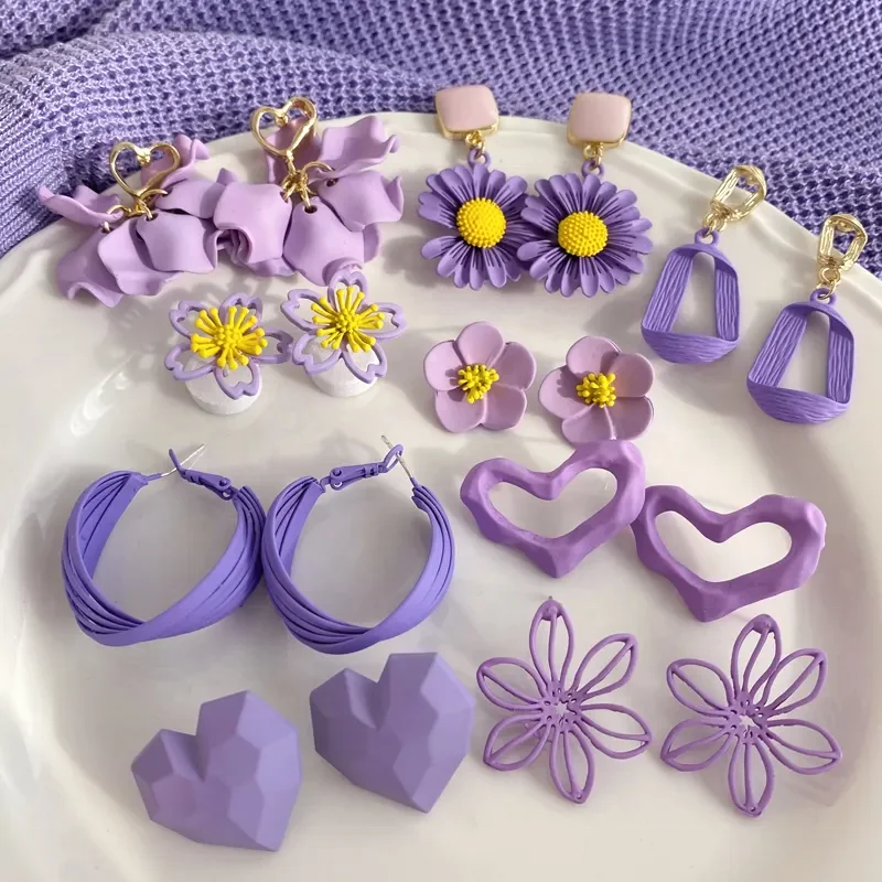 Hot Selling Love Heart Fashion Korean 925 Silver Stud Elegant Purple Sweet Flower Drop Earring For Women
