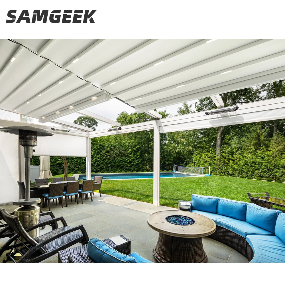 Sun Shading Canopy Motorized Retractable  Roof PVC fabric Pergola Awning Outdoor Opening Gazebo