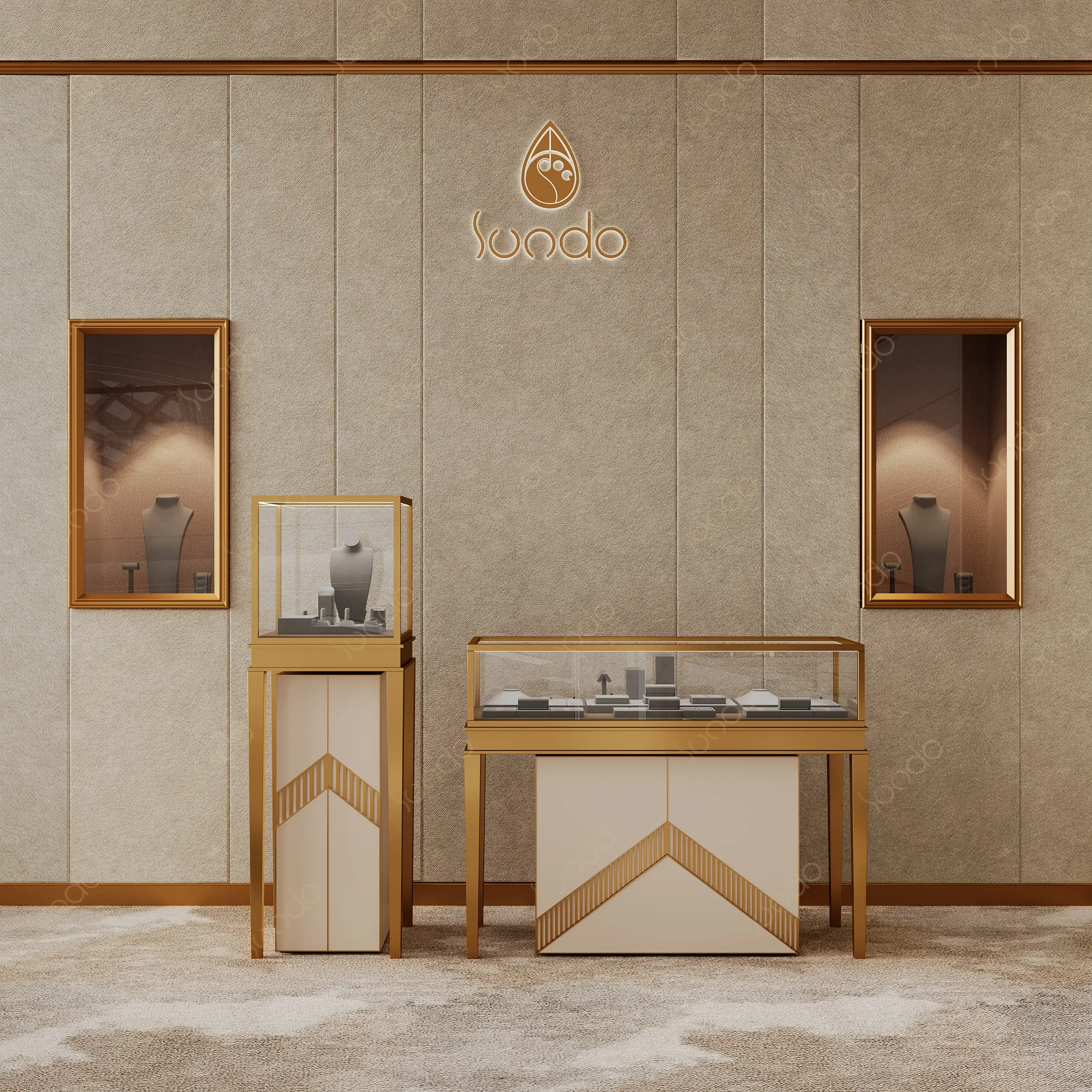 Luxury modern metal custom logo  gold silver Glass wall jewelry showcase display cabinet Counter for jewelry shop decoration