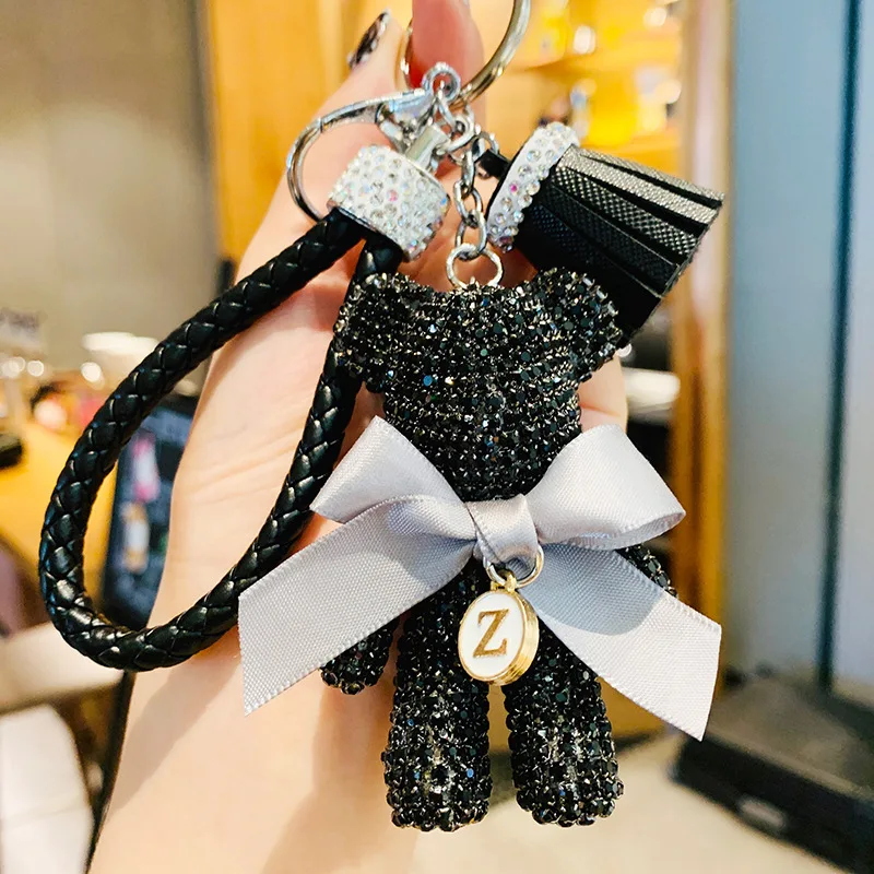 Wholesale Kawaii Woven Rope Metal and Leather Teddy Bear Keychains with Rhinestones