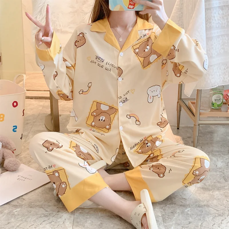 Hot selling Amazon Supplier ladies cartoon print milk silk whole pajamas long sleeve sleepwear women two piece sets