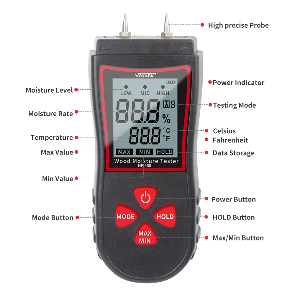 NOYAFA NF-568 цифровой измеритель влажности для дров строительный картон кирпичная кладка ковры строительные