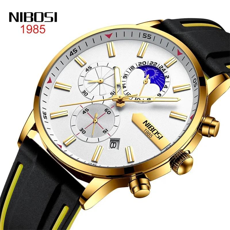 2501 Fashion 43.6MM Large Dial Silicone Sports Moon Phase Chronograph Precise Comfortable Waterproof Men Quartz Watch Excellent