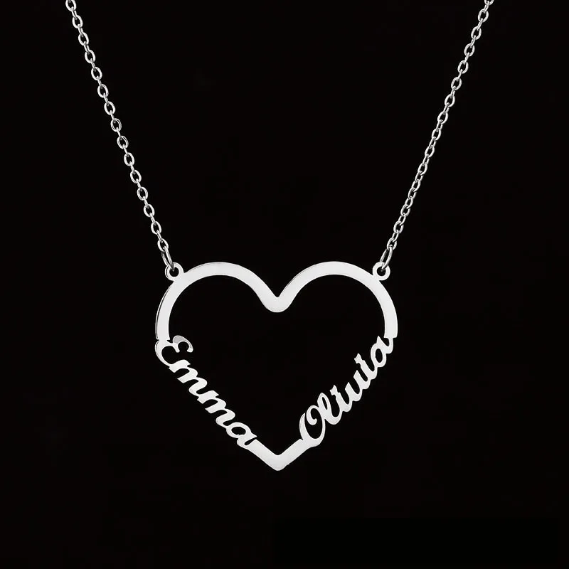 Custom Stainless Steel two name Necklaces with heat  Multiple Nameplate Gold Plated Chain Women Jewelry Necklaces