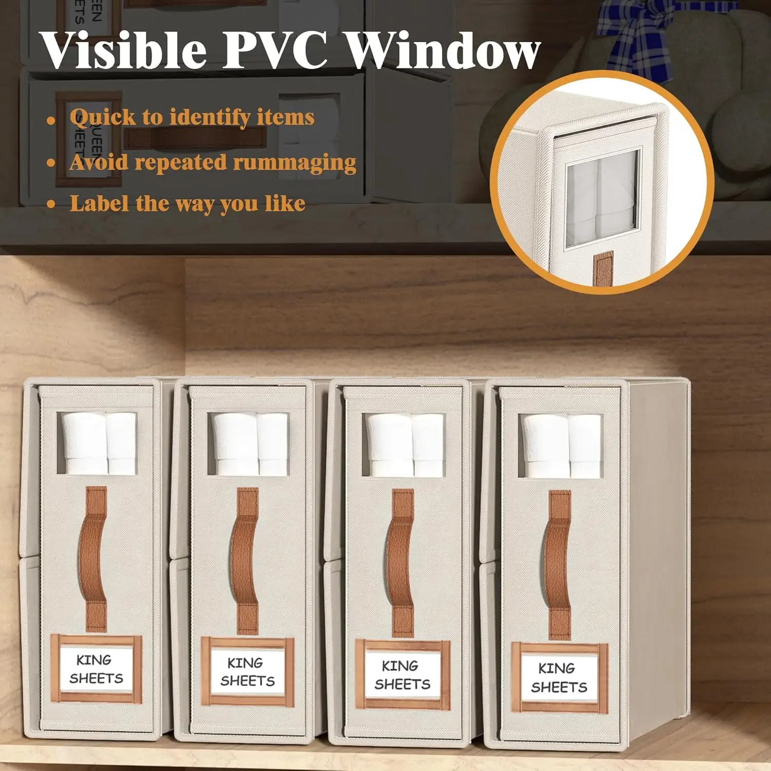 4 Pack Bed Sheet Organizer  Foldable  Organizer Linen Storage Box for  with 2Windows (Queen & King Size) linen Sheets Organizer