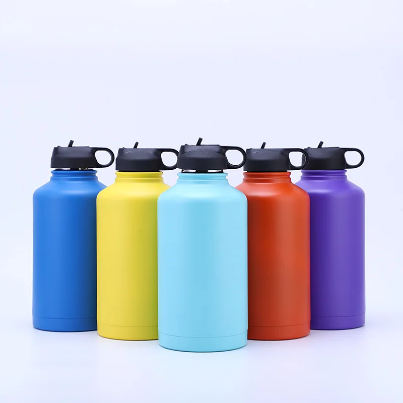 Designed hot cold 64oz stainless steel wide mouth flask Big Metal Exercise Cycling 2 Liter 64Oz Gym Stainless Steel Water Bottle
