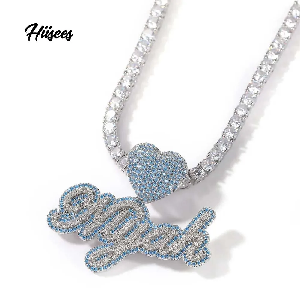 New Arrival Custom Blue CZ Name Pendant Iced Out Heart Hook Letter Nameplate Necklace Charms Jewelries for Women Men