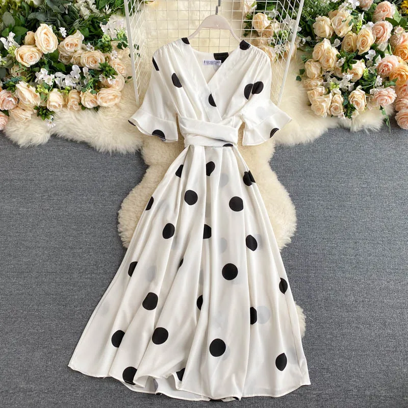 Hot Style Women Classic Bandage Waist Slim Mid Length Dress Dot Print Style Summer Dress