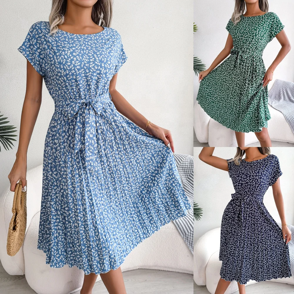 Summer New Casual Dresses Short Sleeved Women Dress Crew neck Fairy Pleated dress for women
