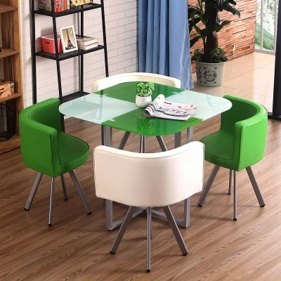 Simplicity chrome plating metals quare  modern red and black glass tablered dining table set 4