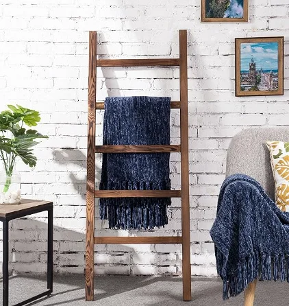 Rustic Brown Wood 4 Ft Leaning Towel Ladder Rack Bathroom Kitchen Storage 5 Hanging Rungs Farmhouse Style Blanket Quilt Display