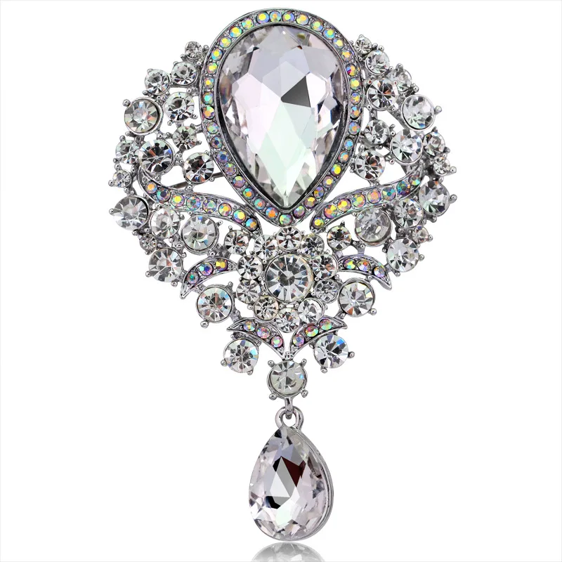 Europe and America Multicolor Crystal Glass Stock Brooch Diamond Waterdrop Glass Pendant Brooches Pins Corsage Jewelry
