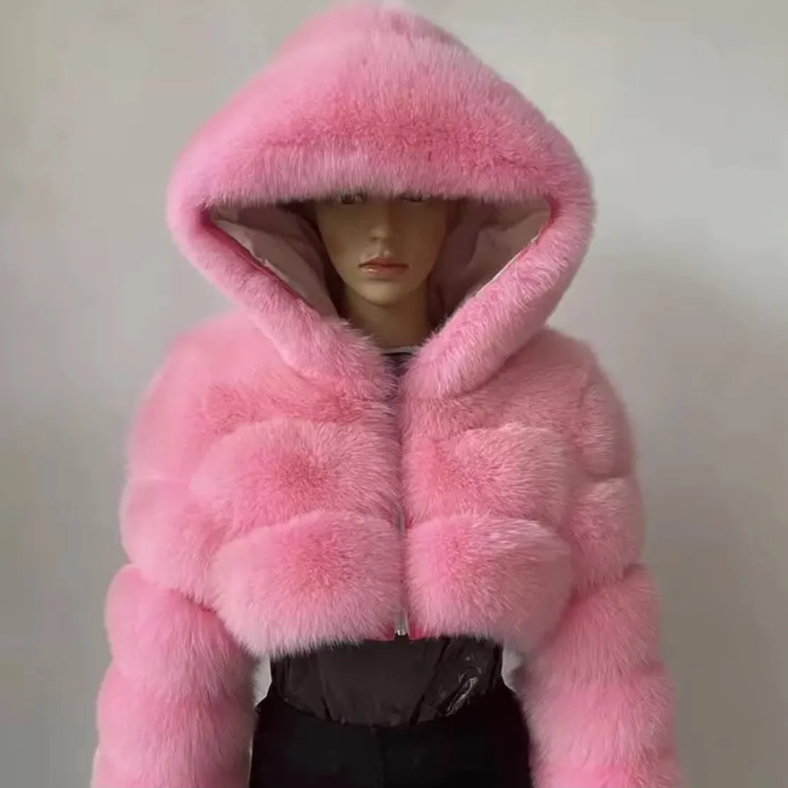 Quick Shipping Real Fur Fluffy Short Style Women Fashionable Hooded Fox Coat