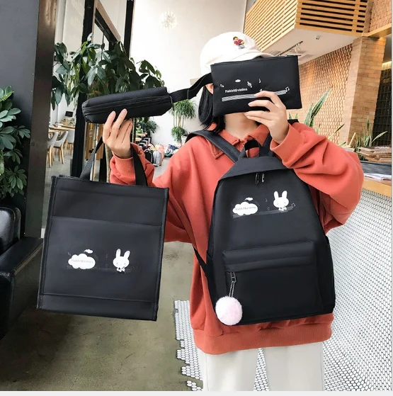 2021 New Hot Women Canvas Backpack 4 pcs Set Large Capacity School Bag for Teenagers Girls Fashion Travel Rucksack Bag