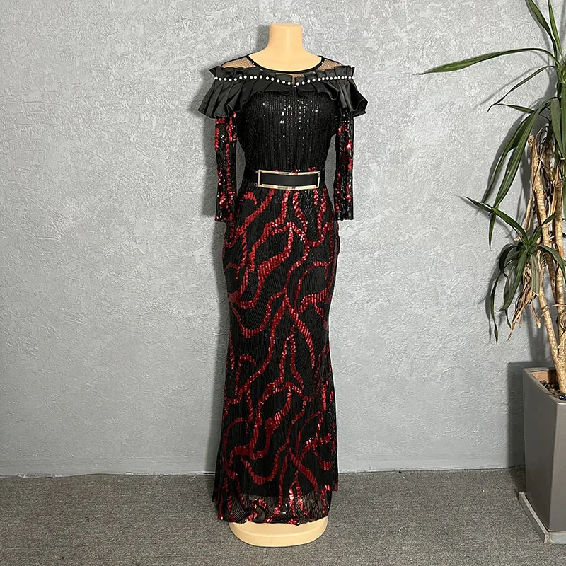2022 New African Dresses For Women Formal Party Gowns Elegant Lady Sequin Bodycon Fringed Glitter Maxi Evening Dress With Belt