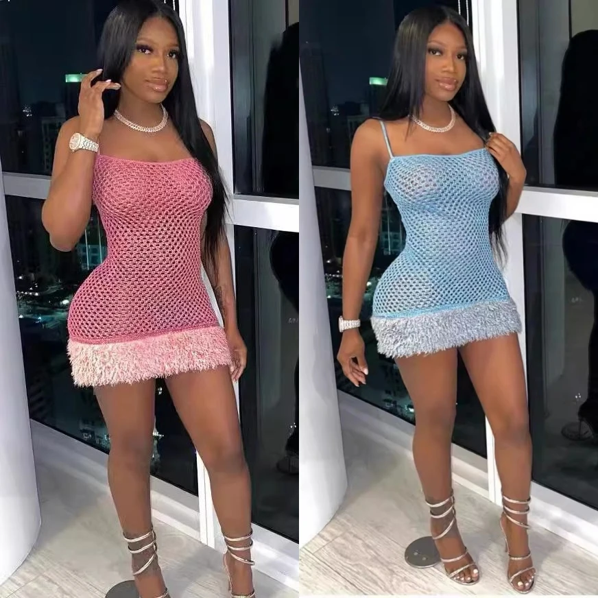 Wholesale summer sleeveless beaded spaghetti strip dress fashion pink mesh short dresses women