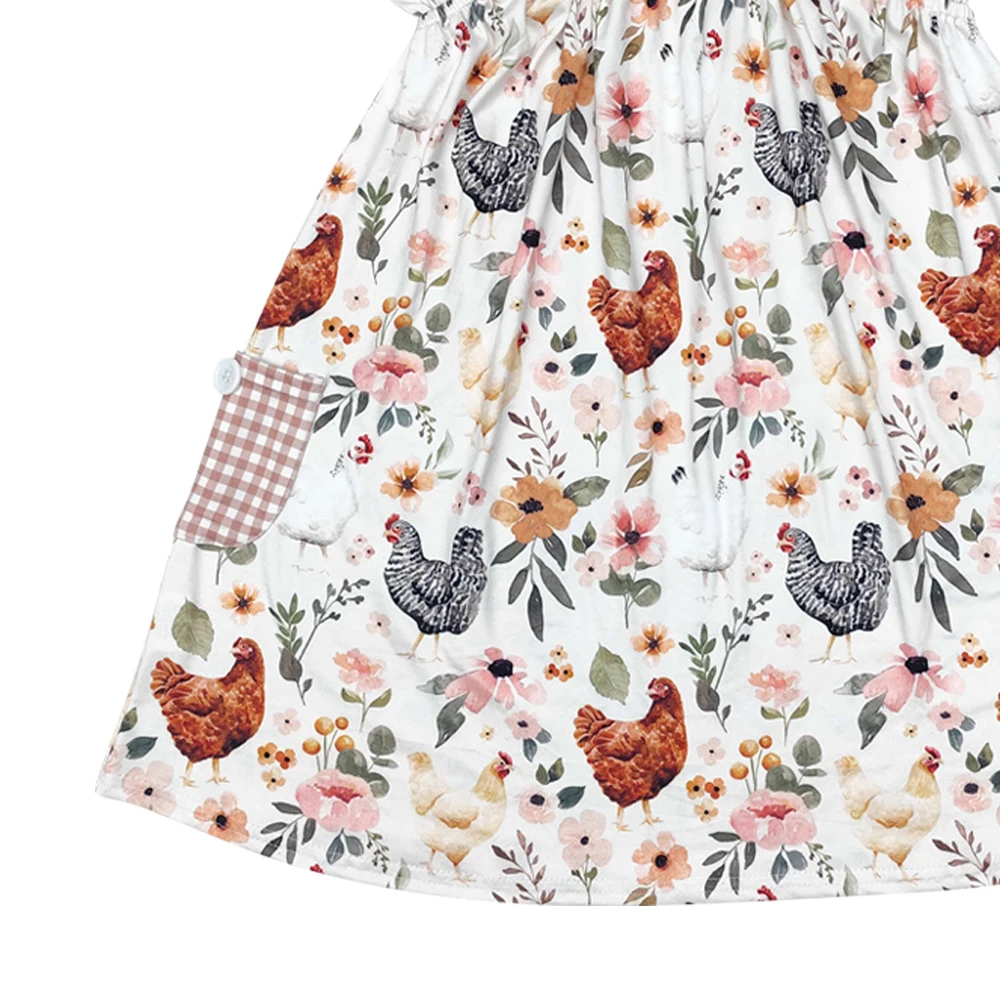 Girls beautiful dresses plaid straps chicken floral print farm dresses wholesale girls farm dresses boutique low price clothes