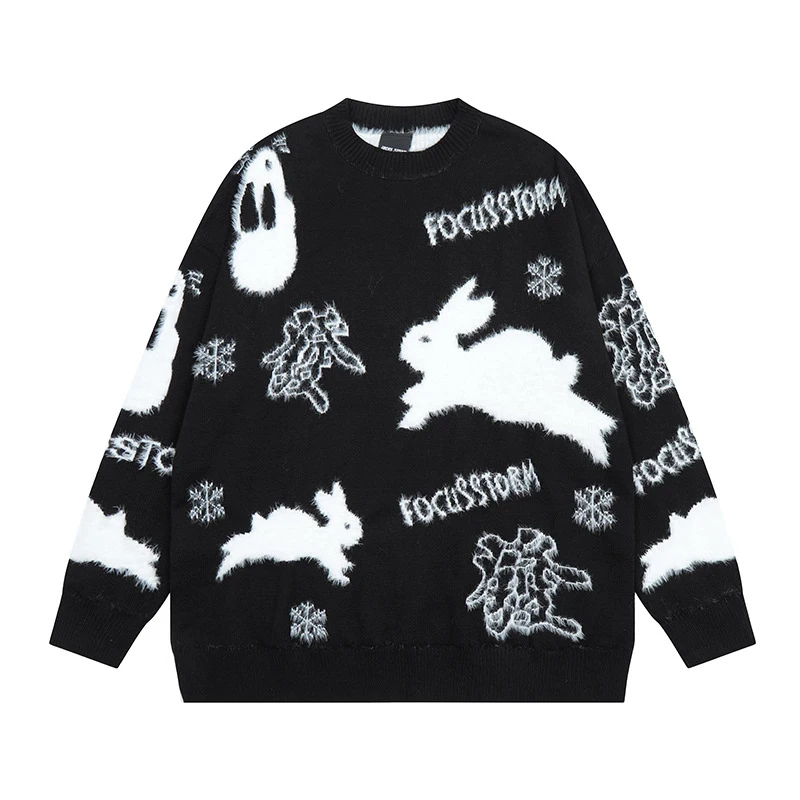 Original design rabbit print embroidery sweater crew neck lazy style pullover couple outfit loose knitted sweater for men