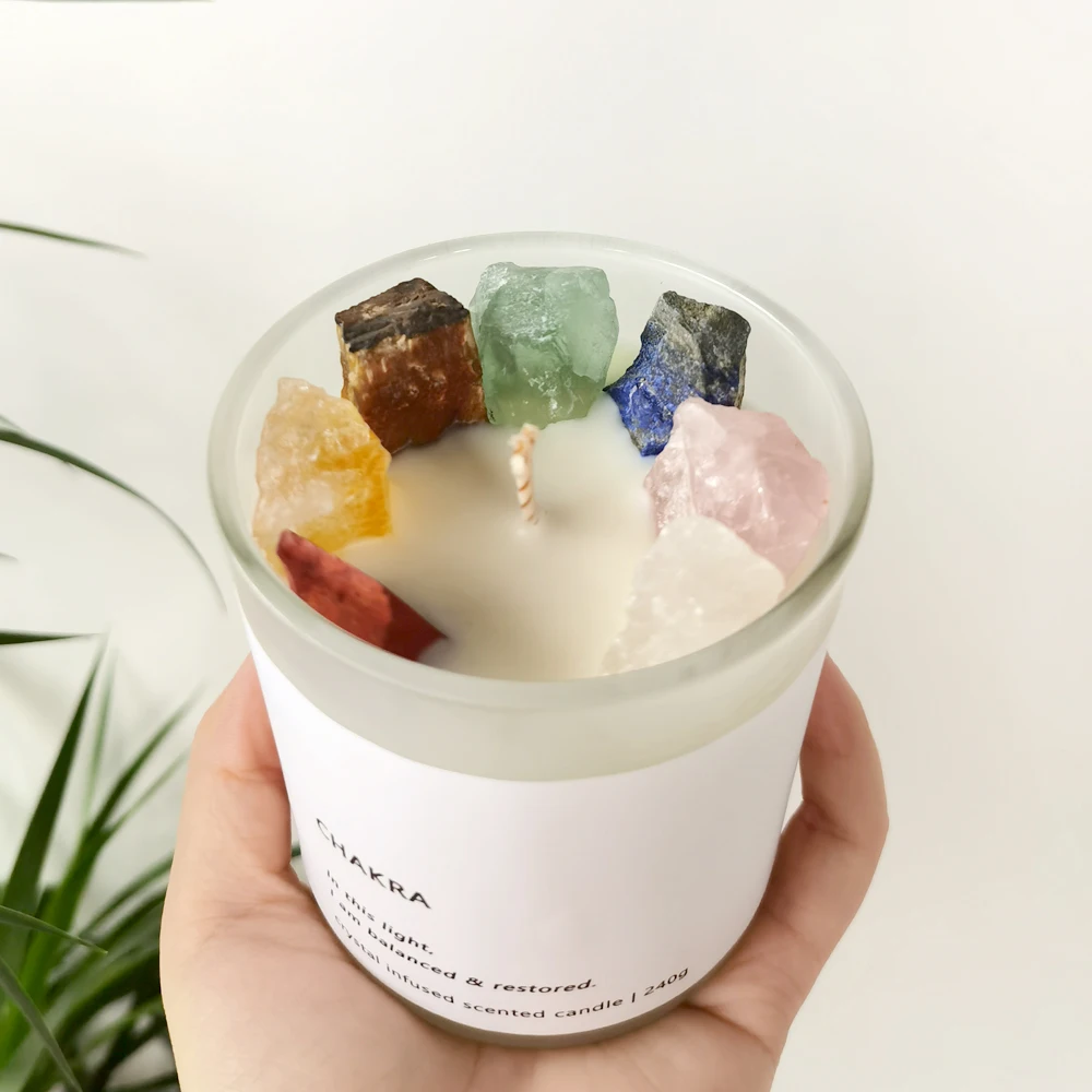 C&H Custom Logo Natural Essential Oils Aromatherapy Scented Candle Soy Wax with Rose Quartz Amethyst Citrine Clear Quartz
