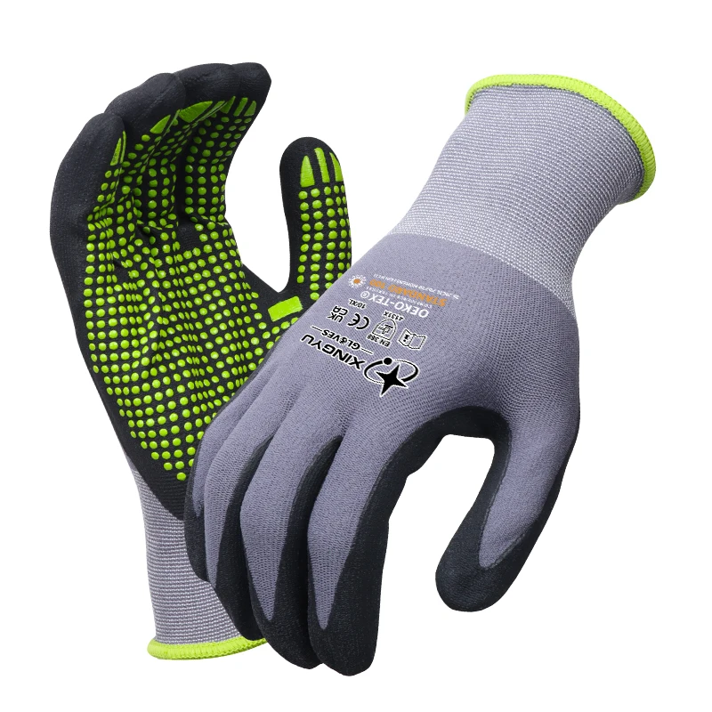 XINGYU General Purpose EN388 Breathable Construction Spandex Nylon Knitted  Safety Gloves Nitrile Foam Dotted Work Gloves