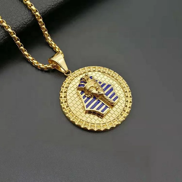 Stainless Steel Disc Gold Plated Hiphop Egyptian Jewelry Pyramid Pharaoh Pendant Necklace