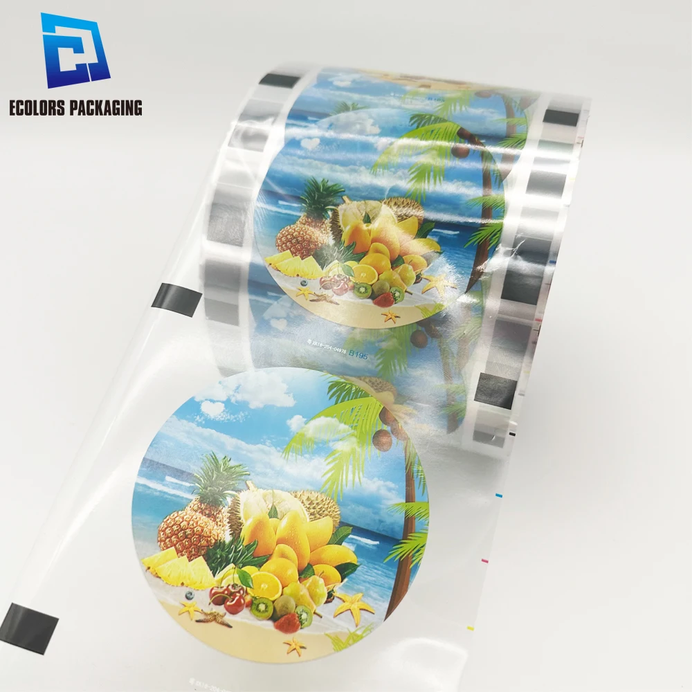 LOQ MOQ 3000pcs per roll heat seal colorful fruit printing bubble coffee tea juice packing plastic PP cup sealing film roll
