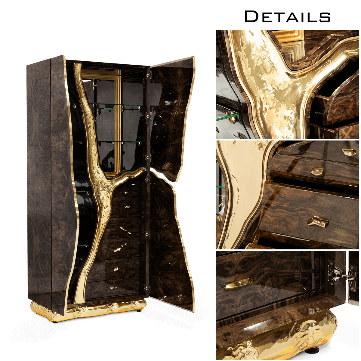 Contemporary Karst-Inspired Cabinet - Walnut Veneer, Polished Brass, Poplar Root Interior