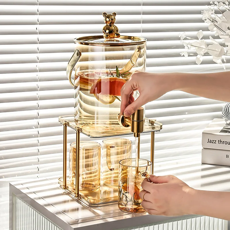 Bear glass cold kettle faucet bucket set large-capacity household cold kettle fruit tea beverage bucket