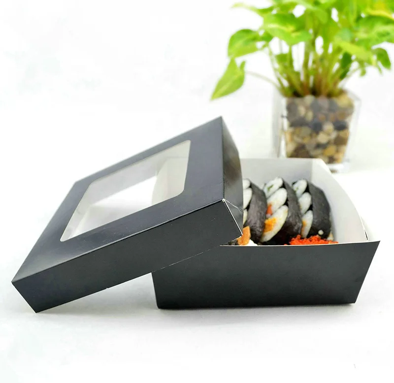 Black Take Out Sushi Box Paper Eco-friendly and Food Grade Paper Disposable Snack Box Sushi To Go Box