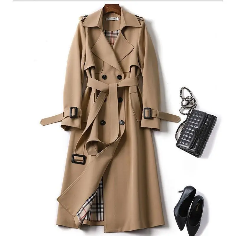2024 Elegant Light Fashion Korean Style Mid-Length Trench Coat Women Waterproof Belted Overcoat Bow Collar Pattern Spring Autumn