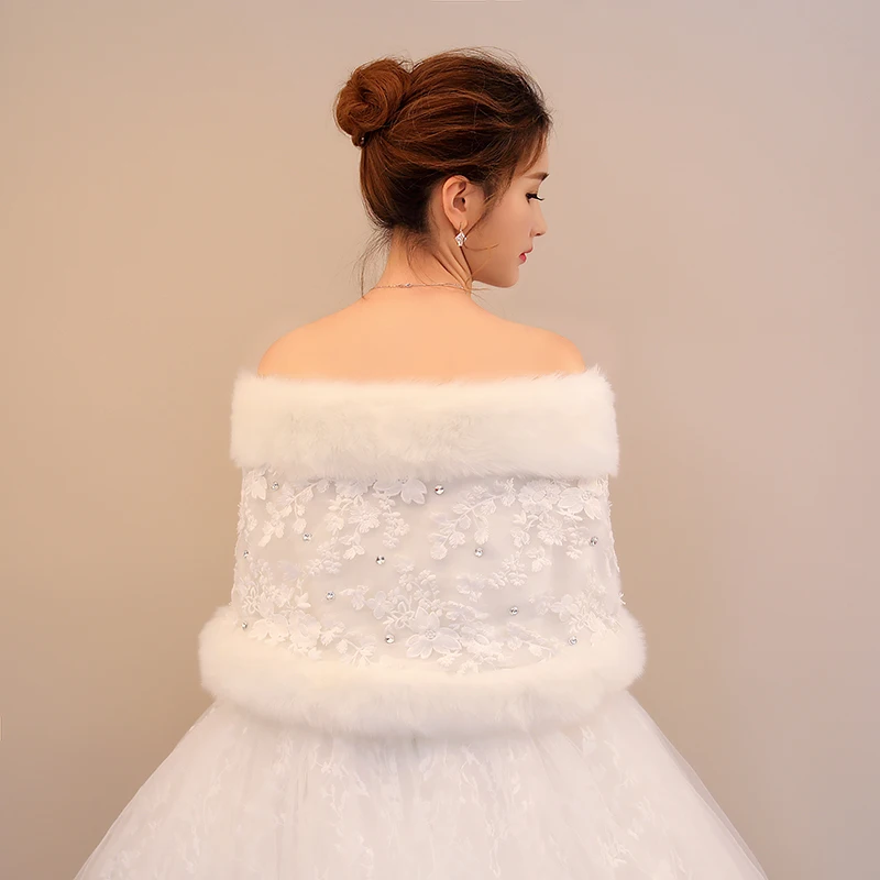
Wholesale new fluffy plush collar shawl faux rabbit fur bridal lace rhinestone shawl 