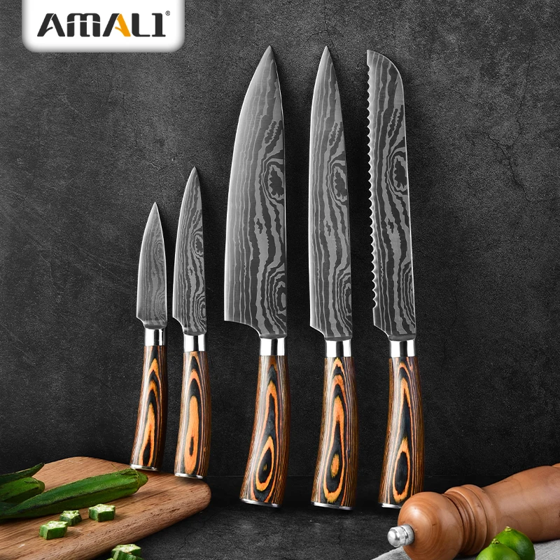 Laser Damascus Pattern Chef Knife Kitchen Knives Set With Pakka Wood Handle