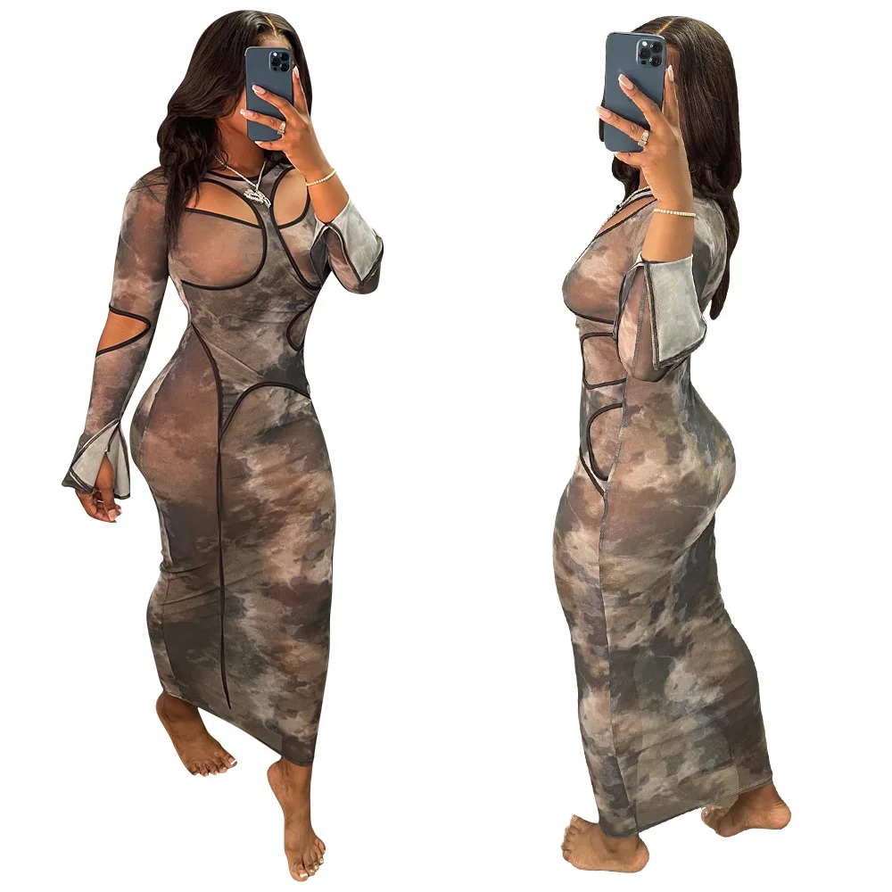 2021 New Ready to ship trendy fashion women fall clothing see through long maxi sexy mesh dress