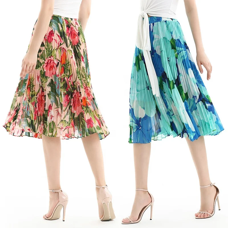 S076 custom odm oem low moq Floral print chiffon pleated casual midi skirt factory for women
