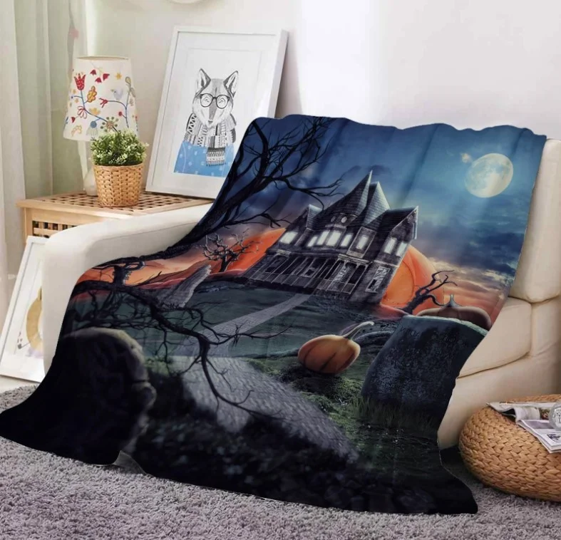 Promotional Witch Halloween Pumpkin Digital Print Soft Flannel Sherpa Lining Blanket