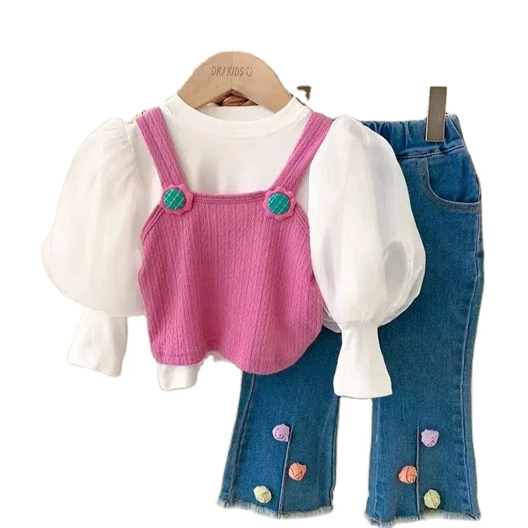 Explosive Models Girls Spring Clothing Sets 2024 Fashion Kids Solid Color Sets Cute Vest Bottoming Shirt & Jeans 3 PCS