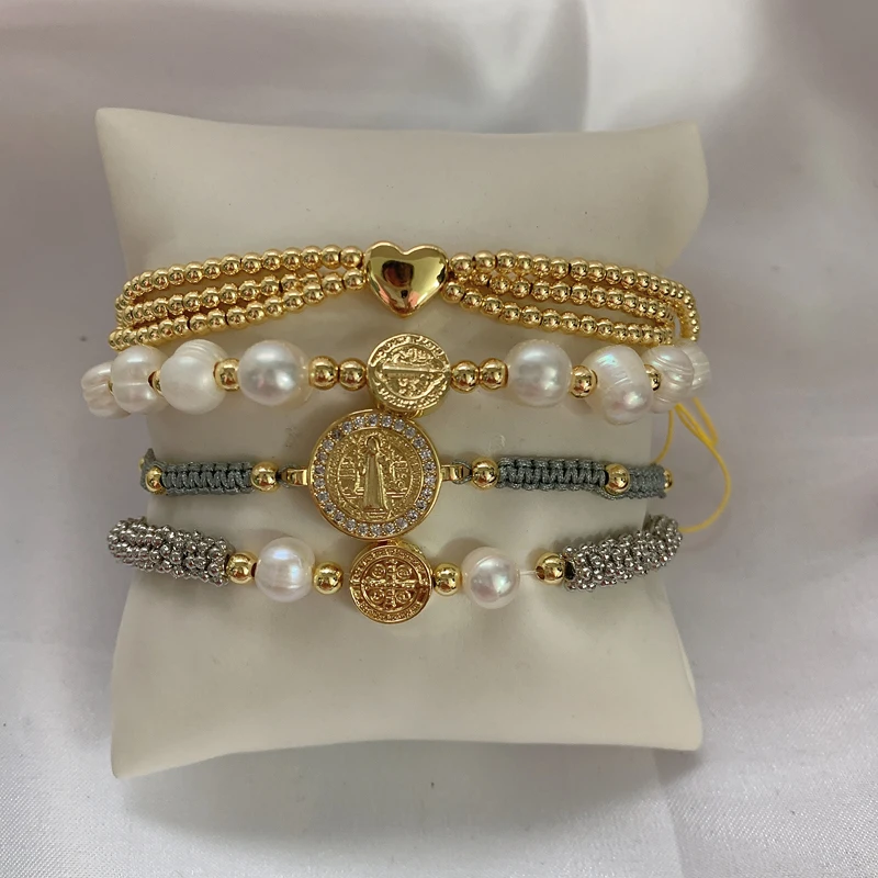 Faith SAN Benito Charm Bracelet Gold Plated Brass Freshwater Pearl Zircon Heart Bead Blessed Adjustable Bracelet Jewelry
