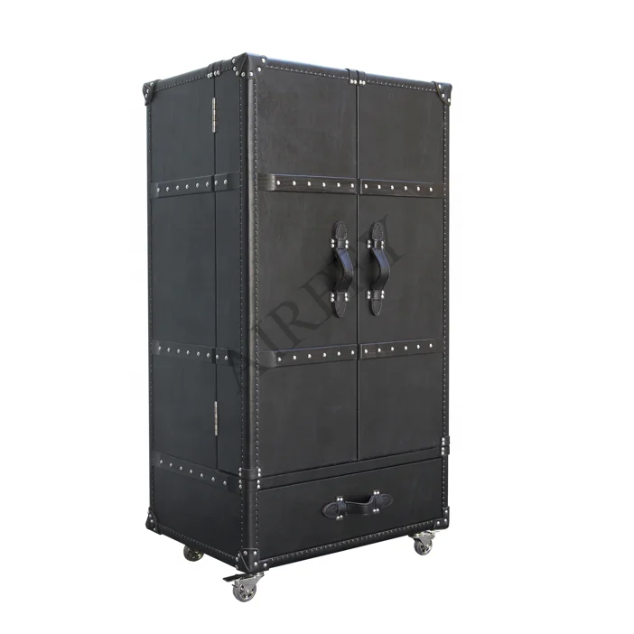 Vintage Real Leather Steamer Trunk Wine Bar Cabinet Aluminum Aviator Style Wine Cabinet Liquor Cabinet Trunk Steamer for Sale