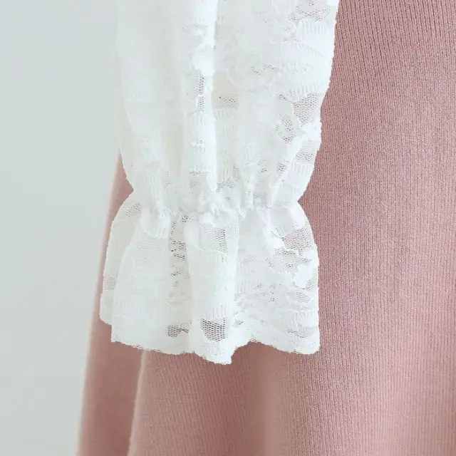 
Hot selling good quality white lace Long sleeved casual dresses pink dress with a bow 