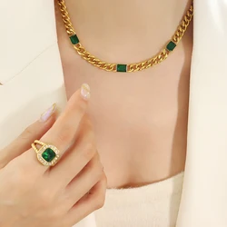 Wholesale Hip Hop Cuban Coarse Chain Green Glass Stone Pendant Necklace Bracelet Jewelry Sets