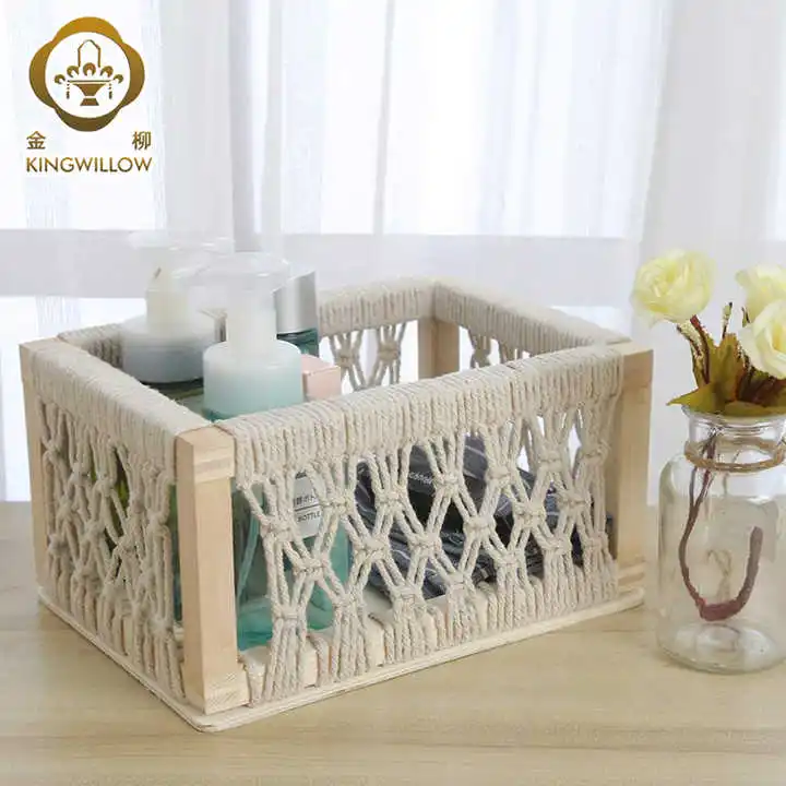 Factory  hot selling rectangular handmade wooden storage box wood sundries basket with cotton rope design customized  wholesale
