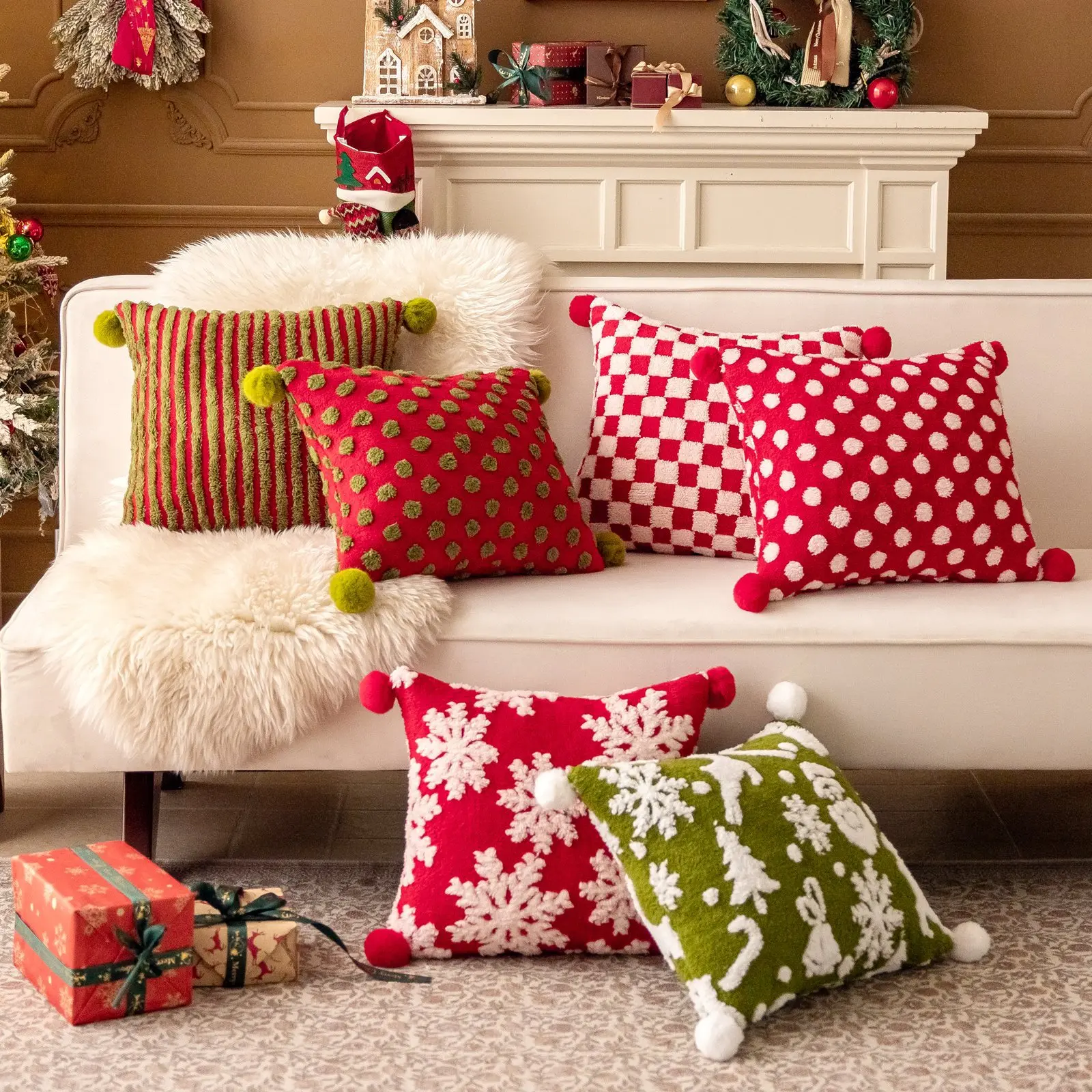 Christmas Plush Jacquard Fleece Throw Cushion Cover With Pompoms Machine Washable Decorative Pillow Case For Home Hotel Party