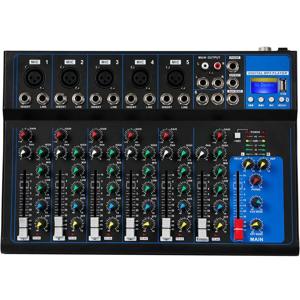 OEM HT7 Professional Audio Mixer Portable USB Interface Digital MP3 Player 7 Channels DJ Mixing Console for Live Performance