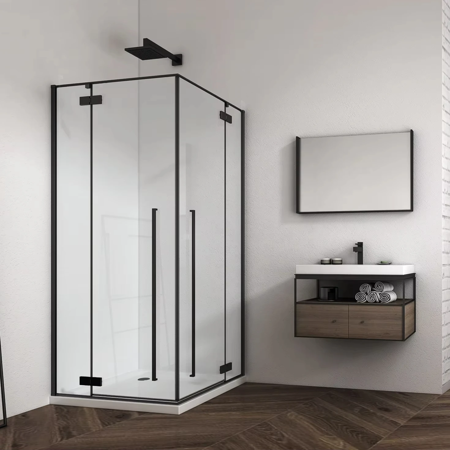Exceed Portable Bathroom Minimalist Black Hinged Shower Enclosure with Long Handle
