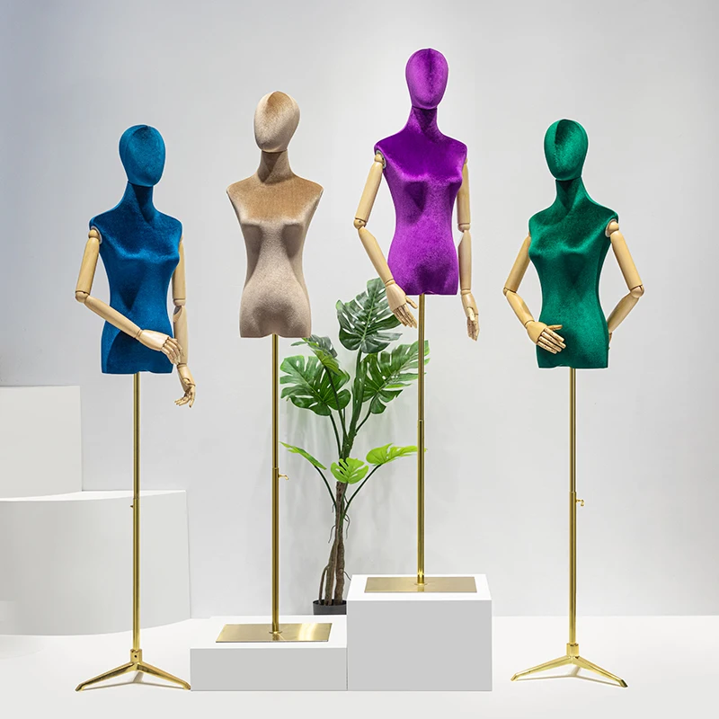 Window Clothing Display Female Half-Body Mannequins Dummy Models Woman Adult Velvet Dress Form Lady Mannequin with Wooden Arms