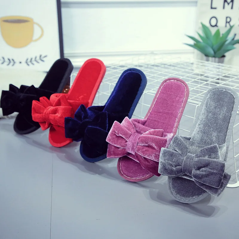 Fashion design Bowknot 2021 Winter Plush warm slides ladies Flat bedroom indoor shoes Luxury women faux fur slippers